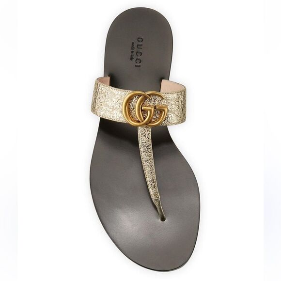 Gucci GG Marmont Gold Crinkle Leather Thong Sandals Size 7 - Picture 12 of 12